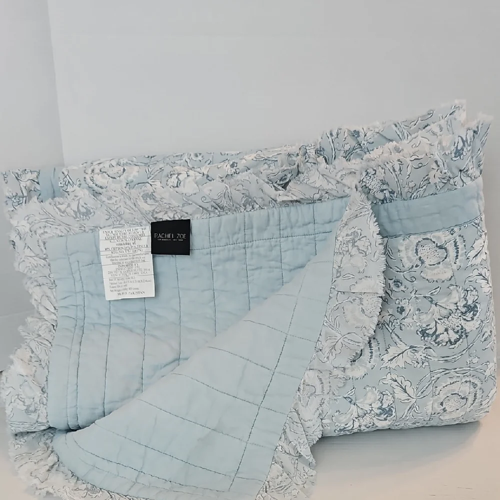 Rachel Zoe Floral Blues White Quilted Shabby Chic Twin Coverlet Pillow Sham Set